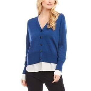NWT Karen Kane Sweater Cardigan Cashmere Blend Blue w/ White Shirt Hem Size Med‎